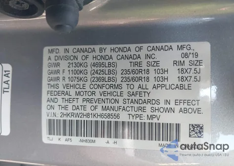 2019 Honda Cr-V Ex-L from USA, damaged, VIN 2HKRW2H81KH658556